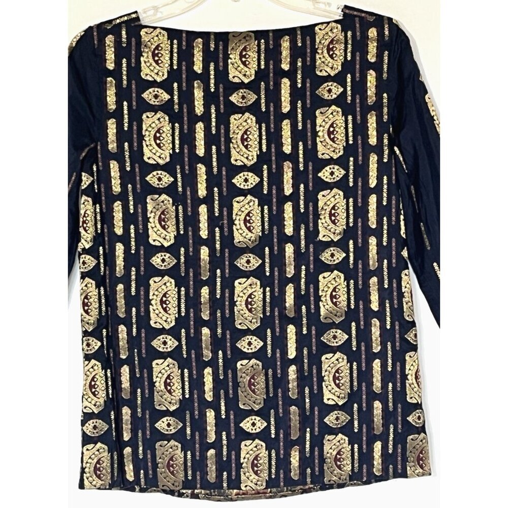 Tory Burch Gold Navy Metallic Jacquard Blouse Tunic Top - Authentic! - Picture 8 of 11